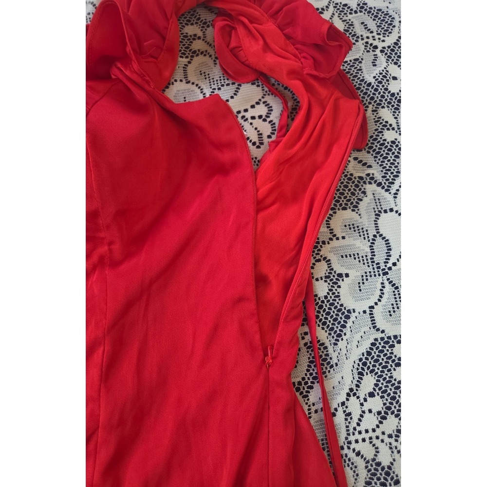 Red Satin Mini Dress 4 Ruffled Lo Back Tie Lined Padded Homecoming Party NWT - Picture 6 of 9